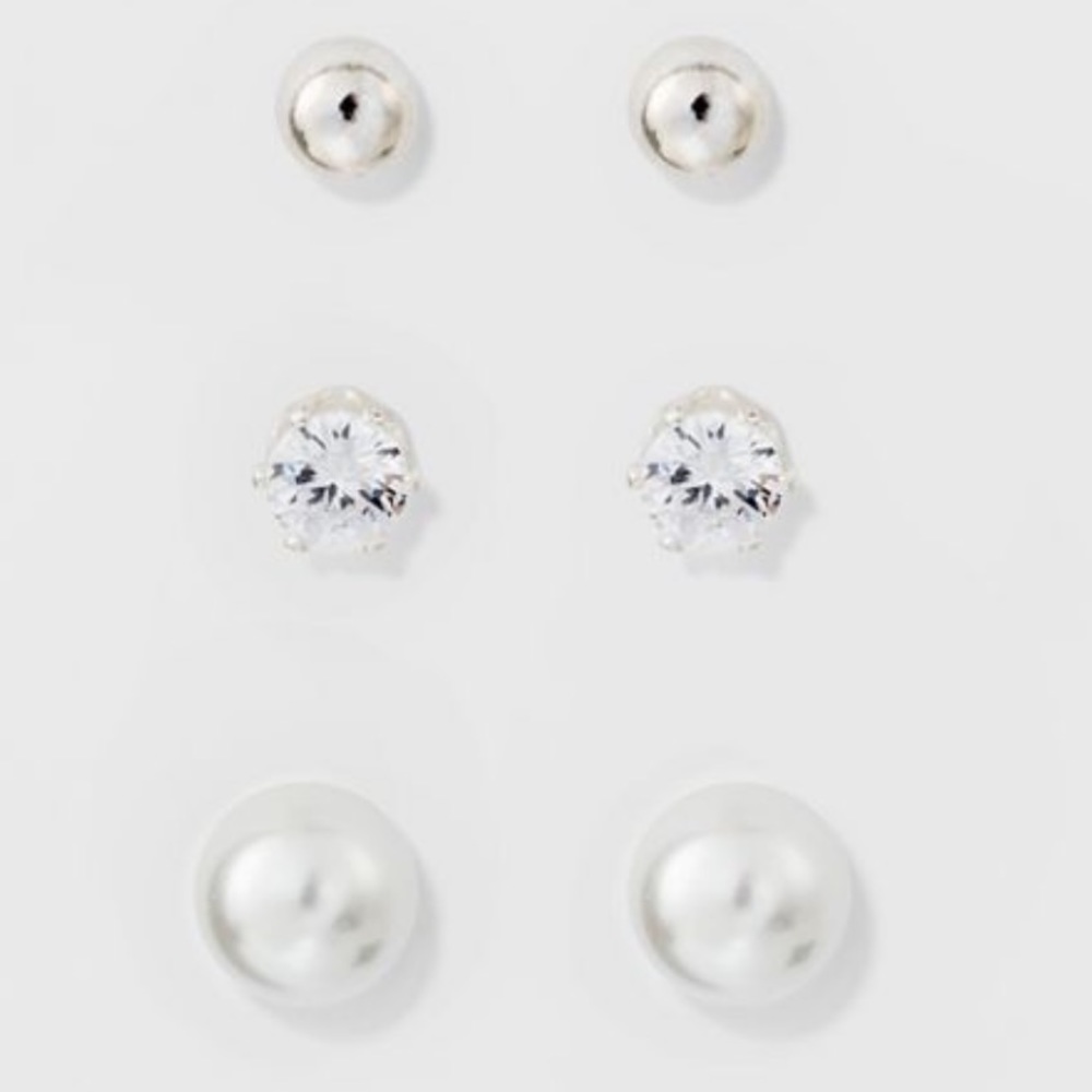 NWT A New Day Silver Tone Crystal & Pearl Stud Earring Set Of 3 - Picture 1 of 4